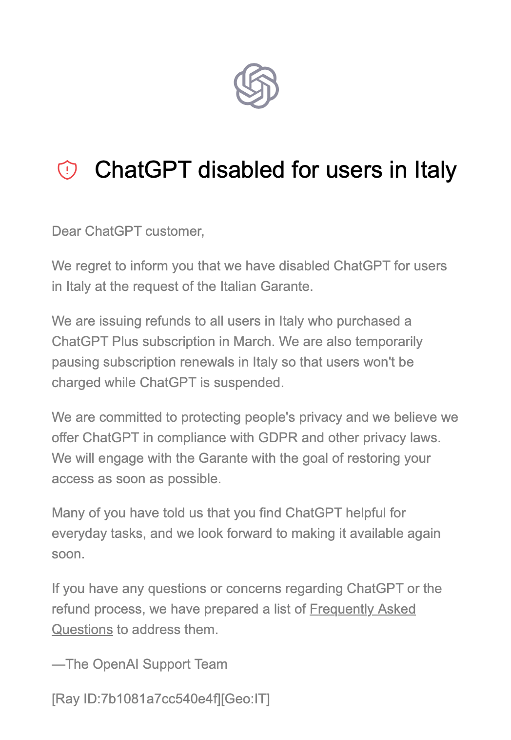 Alert di ChatGPT che informa gli utenti sul blocco